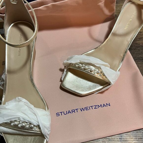 New Stuart Weitzman Pearl Leather Wedge ankle strap square toe sandal 8 - Picture 5 of 8